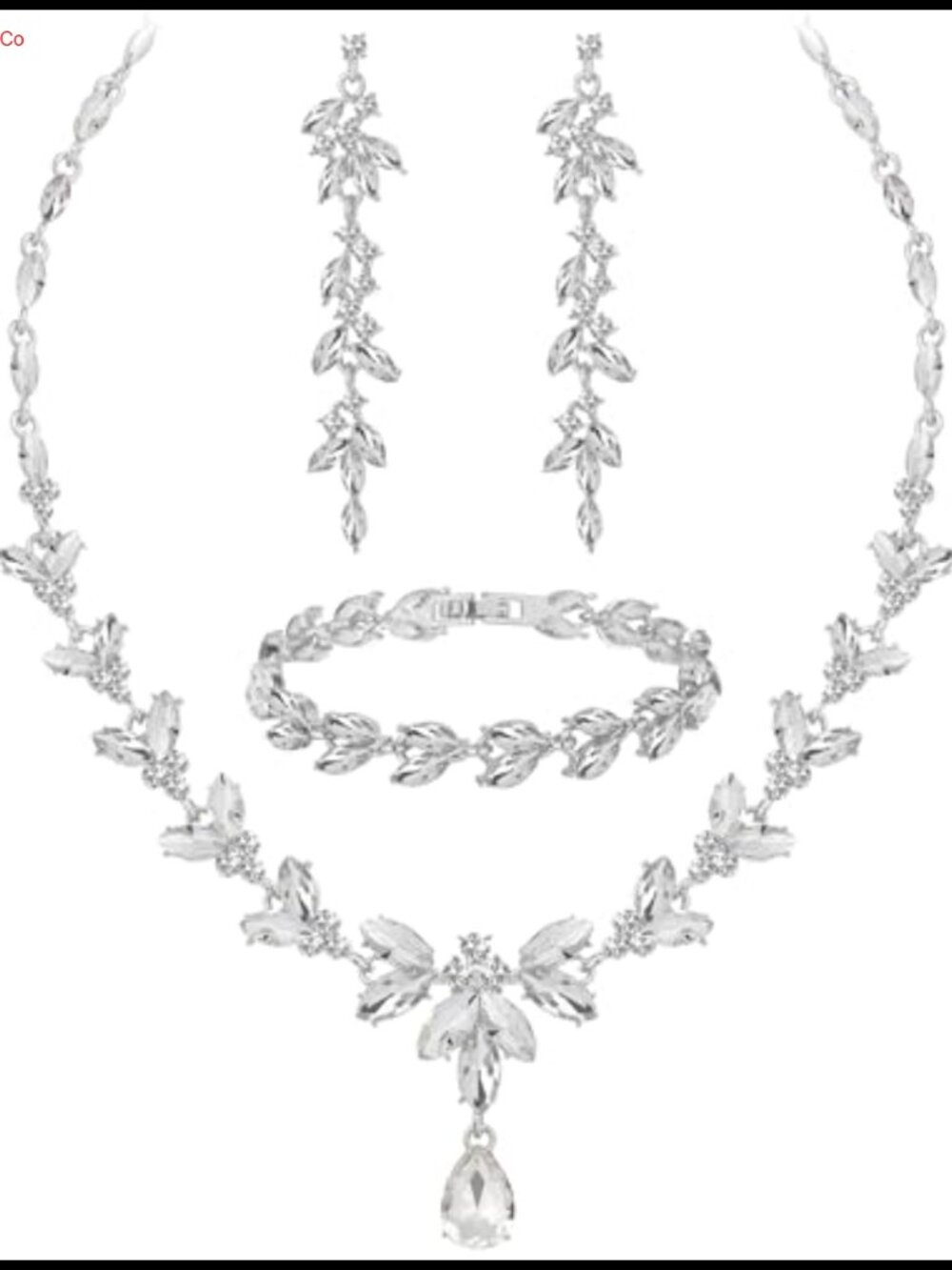 Silver Plated Austrian Crystal Leaf Y Necklace Earrings Bracelet Set